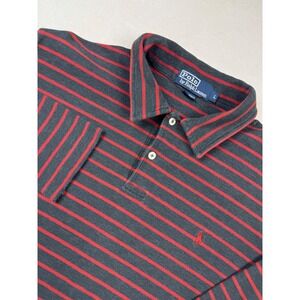 Polo Ralph Lauren Mens L Long Sleeve Shirt‎ Red Stripe Knit Distressed Hem Flaws